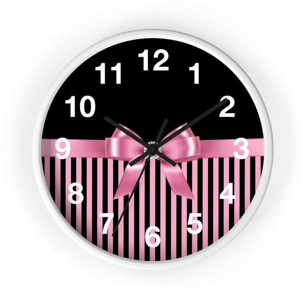 Wall Clock-Glam Pink Bow-Pink Black Pinstripes-Black