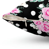 Square Pillow-Magenta Pink Floral-White Polka Dots-Black