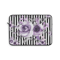 Laptop Sleeve-Soft Purple Floral-Black White Pinstripes