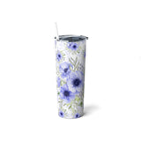 Skinny Tumbler, 20oz-Soft Blue Floral-Blue Stencil-White