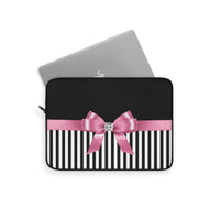 Laptop Sleeve-Glam Pink Bow-Black White Pinstripes-Black