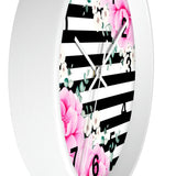 Wall Clock-Magenta Pink-Floral Bash-Black Horizontal Stripes-White