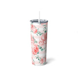 Skinny Tumbler, 20oz-Lush Pink Floral-Pink Horizontal Stripes-White