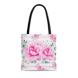 Tote Bag-Magenta Pink Floral-Pink Horizontal Stripes-White