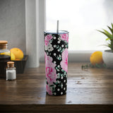 Skinny Tumbler, 20oz-Magenta Pink Floral-White Polka Dots-Black