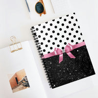 Small Spiral Notebook, 6x8in-Glam Pink Bow-Black Polka Dots-Black Glitter