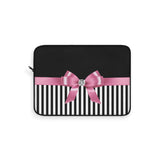 Laptop Sleeve-Glam Pink Bow-Black White Pinstripes-Black