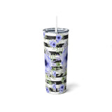 Skinny Tumbler, 20oz-Soft Blue Floral-Black Horizontal Stripes-White