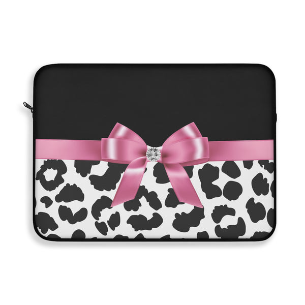Laptop Sleeve-Glam Pink Bow-Snow Leopard-Black
