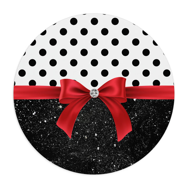 Mouse Pad-Glam Red Bow-Black Polka Dots-Black Glitter