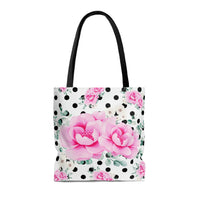 Tote Bag-Magenta Pink Floral-Black Polka Dots-White