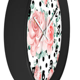 Wall Clock-Lush Pink Floral-Black Polka Dots-White