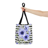 Tote Bag-Soft Blue Floral-Black Horizontal Stripes-White