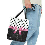 Tote Bag-Glam Pink Bow-Black Polka Dots-Black Glitter