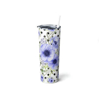 Skinny Tumbler, 20oz-Soft Blue Floral-Black Polka Dots-White