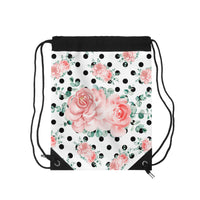 Drawstring Bag-Lush Pink Floral-Black Polka Dots-White
