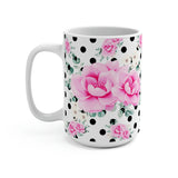 Coffee Mug 15oz-Magenta Pink Floral-Black Polka Dots-White