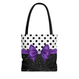 Tote Bag-Glam Purple Bow-Black Polka Dots-Black Glitter