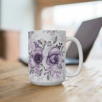 Coffee Mug 15oz-Soft Purple-Floral Stencil-White