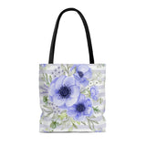 Tote Bag-Soft Blue Floral-Soft Blue Horizontal Stripes-White