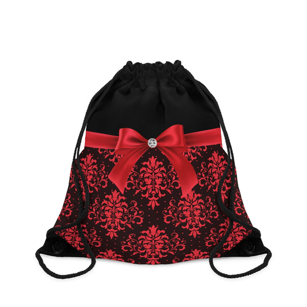 Drawstring Bag-Glam Red Bow-Red Lace-Black
