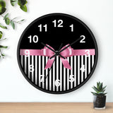 Wall Clock-Glam Pink Bow-Black White Pinstripes-Black