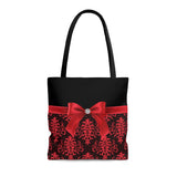 Tote Bag-Glam Red Bow-Red Lace-Black