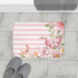 Bath Mat-Pink Floral Butterflies-Pink Horizontal Stripes