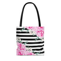 Tote Bag-Magenta Pink-Floral Bash-Black Horizontal Stripes-White