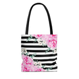 Tote Bag-Magenta Pink-Floral Bash-Black Horizontal Stripes-White