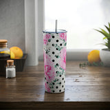 Skinny Tumbler, 20oz-Magenta Pink Floral-Black Polka Dots-White