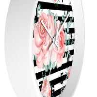 Wall Clock-Lush Pink Floral-Black Horizontal Stripes-White