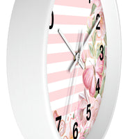 Wall Clock-Pink Floral Butterflies-Pink Horizontal Stripes