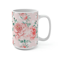 Coffee Mug 15oz-Lush Pink Floral-White Polka Dots-Pink