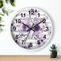 Wall Clock-Soft Purple Floral-Soft Purple Horizontal Stripes-White