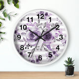 Wall Clock-Soft Purple Floral-Soft Purple Horizontal Stripes-White