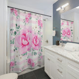 Shower Curtains-Magenta Pink Floral-Pink Horizontal Stripes-White