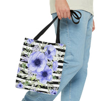 Tote Bag-Soft Blue Floral-Black Horizontal Stripes-White