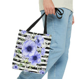 Tote Bag-Soft Blue Floral-Black Horizontal Stripes-White