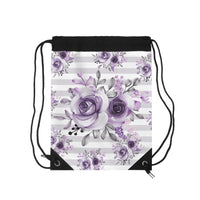 Drawstring Bag-Soft Purple Floral-Soft Purple Horizontal Stripes-White