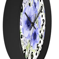 Wall Clock-Soft Blue Floral-Black Polka Dots-White