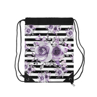 Drawstring Bag-Soft Purple Floral-Black Horizontal Stripes-White