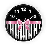 Wall Clock-Glam Pink Bow-Black White Pinstripes-Black