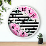 Wall Clock-Magenta Pink-Floral Bash-Black Horizontal Stripes-White