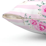 Square Pillow-Magenta Pink Floral-Pink Horizontal Stripes-White