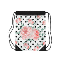 Drawstring Bag-Lush Pink Floral-Black Polka Dots-White