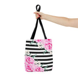 Tote Bag-Magenta Pink-Floral Bash-Black Horizontal Stripes-White