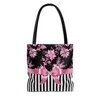 Tote Bag-Glam Pink Bow-Pink Stencil-Black White Pinstripes