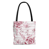 Tote Bag-Soft Pink Floral Mauve-Horizontal Stripes-White