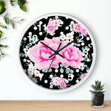 Wall Clock-Magenta Pink Floral-White Polka Dots-Black